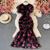 Gwmlk Lotus Leaf Waist Shows Lean Temperament Lady V Collar Bag Hip Fishtail Chiffon Dress Fashion Dress Skirt