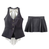 Gwmlk Spring Style Bow Removable Back-Hanging Waistcoat Pleated Half-Length Skirt