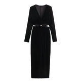 Gwmlk New Open-Ended Design Velvet Long-Sleeved Flute Dress 6962224800