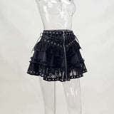 Gwmlk Zipper Lace Splicing Tie Short Skirt Dark Summer Street Fashion Leisure Pleated Skirt