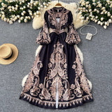 Gwmlk Vintage Dress Women's High-End V-Collar Lantern Sleeves Show Thin Waist Fashionable Print Forked Dress