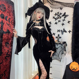 Gwmlk Halloween New Women's Dress Suit Hat Horn Sleeve Spider Web Dress