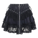 Gwmlk Zipper Lace Splicing Tie Short Skirt Dark Summer Street Fashion Leisure Pleated Skirt