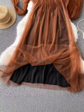 Gwmlk Lantern Sleeve Style Square Collar Net Dress Femininity Tea Break Skirt Warm And Long Fairy Skirt