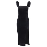 Gwmlk Knitted Square Collar Wool Suspender Forked Dress 2024 Spring Women's Fashion Sexy Slim Dress