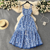 Gwmlk Style Printing Suspender Dress Women's Summer Hollowed-Out Fork Design Sense Of Minority Chic Super Fairy Dress