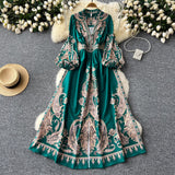 Gwmlk Vintage Dress Women's High-End V-Collar Lantern Sleeves Show Thin Waist Fashionable Print Forked Dress