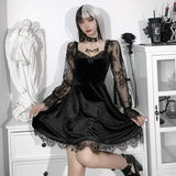 Gwmlk Dark Dress Lace Stitching Shows Chest Long-Sleeved Lotus Leaf Edge Waist Shows Thin Casual Dress