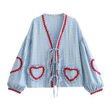 Gwmlk Spring Style Casual Loose Plaid Love Ribbon Lace Shirt