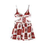 Gwmlk Summer Print Hollowed-Out Suspender A-Shaped Skirt Dress