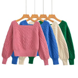 Gwmlk New Square Collar Long-Sleeved Twist Textured Short Sweater In Autumn