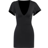 Gwmlk Sexy V Collar Waist Shows Thin Short-Sleeved Dress Temperament Slim Casual Pure Color Hip Skirt Woman