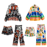 Gwmlk Summer Style Fluffy Sleeve Printed Shirt Printed Home Pants Printed Shorts Set