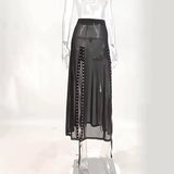 Gwmlk Sexy Perspective Net Gauze Splicing Forked Skirt Dark Wind High Waist Design Sense Long Skirt Woman