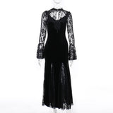 Gwmlk Autumn New Style Sexy Micro-Transparent Slim Dress Dark Lace Fishtail Long-Sleeved Dress Woman