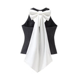 Gwmlk Spring Style Bow Removable Back-Hanging Waistcoat Pleated Half-Length Skirt