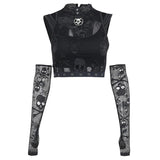 Gwmlk Dark Wind Netting Skull Lace Vest Two-Piece Set Spring Ins Sexy Inner Suit