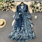 Gwmlk Early Spring New French High-End Style One-Piece Lace-Up Waist Printed Dress Women's Light Extravagant And Elegant Dress