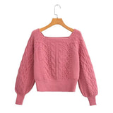 Gwmlk New Square Collar Long-Sleeved Twist Textured Short Sweater In Autumn