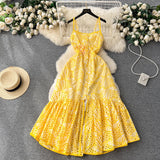 Gwmlk Style Printing Suspender Dress Women's Summer Hollowed-Out Fork Design Sense Of Minority Chic Super Fairy Dress