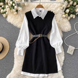 Gwmlk Style Fragrant Style Suit Design Feeling Minority White Shirt Skirt Knitted Vest Skirt Folded And Waist Two-Piece Set