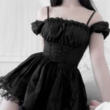 Gwmlk Shoulder Lace Spliced Dress Dark Style Waist Shows A Thin And Fluffy Short Skirt Woman