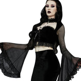 Gwmlk Strapped With Lace Spliced Horn Long-Sleeved Shirt Dark Slim Sexy Navel Cardigan T-Shirt