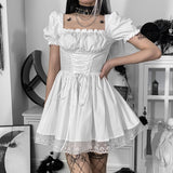 Gwmlk Shoulder Lace Spliced Dress Dark Style Waist Shows A Thin And Fluffy Short Skirt Woman