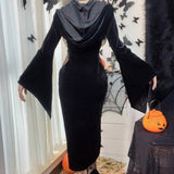 Gwmlk Halloween New Women's Dress Suit Hat Horn Sleeve Spider Web Dress