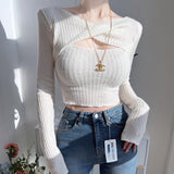 Gwmlk Knitted Kink Hollowed-Out Long-Sleeved Blouse 2024 Fall Women's Fashion Leisure Slim Bottomed Shirt