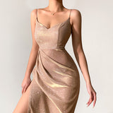 Gwmlk Spring Style Glitter Sexy Deep V Sling Dress Forked Style Long Dress For Women