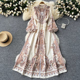 Gwmlk Vintage Dress Women's High-End V-Collar Lantern Sleeves Show Thin Waist Fashionable Print Forked Dress