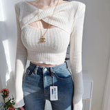 Gwmlk Knitted Kink Hollowed-Out Long-Sleeved Blouse 2024 Fall Women's Fashion Leisure Slim Bottomed Shirt