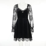 Gwmlk Dark Dress Lace Stitching Shows Chest Long-Sleeved Lotus Leaf Edge Waist Shows Thin Casual Dress