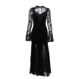 Gwmlk Autumn New Style Sexy Micro-Transparent Slim Dress Dark Lace Fishtail Long-Sleeved Dress Woman