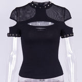 Gwmlk Knitted Gothic Vintage Hollowed-Out Short-Sleeved T-Shirt Spring Ins Dark Style Slim Blouse