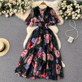 Gwmlk V-Necked Print Chiffon Dress Shows Lean Lotus Leaf Edge Short-Sleeved Waist First Love Fairy Skirt