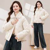 Style Cotton-Padded Clothes Women 2024 New Winter New Chinese Cotton-Padded Jacket Bow Splicing Wool Collar Thick Coat Women's Clothing