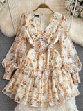 Gwmlk Court Style Lantern Sleeve V Collar Waist Shows Thin Medium And Long A Word Lotus Leaf Edge Printed Chiffon Dress