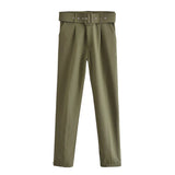 Gwmlk 2024 New Pleated Multi-Color Harlan Pants Leisure Solid-Color Women's Pants Belt