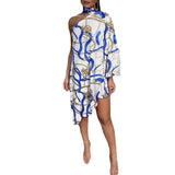 Gwmlk New Fashionable Sexy Lotus Leaf Edge Printed One-Sleeve Open-Shoulder Dress