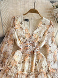 Gwmlk Court Style Lantern Sleeve V Collar Waist Shows Thin Medium And Long A Word Lotus Leaf Edge Printed Chiffon Dress