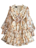 Gwmlk Court Style Lantern Sleeve V Collar Waist Shows Thin Medium And Long A Word Lotus Leaf Edge Printed Chiffon Dress