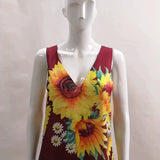 Gwmlk Station New Popular Style Lady's Bohemian Printed Sunflower Dress V-Collar Sleeveless Pocket Summer Dress