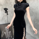 Gwmlk Retro Style Improved Cheongsam Female Ins Winter New Girl Forked Dress Temperament Slim Skirt