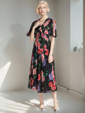 Gwmlk V-Necked Print Chiffon Dress Shows Lean Lotus Leaf Edge Short-Sleeved Waist First Love Fairy Skirt