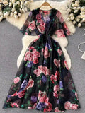 Gwmlk V-Necked Print Chiffon Dress Shows Lean Lotus Leaf Edge Short-Sleeved Waist First Love Fairy Skirt