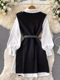 Gwmlk Style Fragrant Style Suit Design Feeling Minority White Shirt Skirt Knitted Vest Skirt Folded And Waist Two-Piece Set