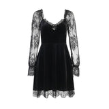 Gwmlk Dark Dress Lace Stitching Shows Chest Long-Sleeved Lotus Leaf Edge Waist Shows Thin Casual Dress