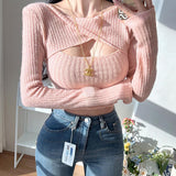 Gwmlk Knitted Kink Hollowed-Out Long-Sleeved Blouse 2024 Fall Women's Fashion Leisure Slim Bottomed Shirt